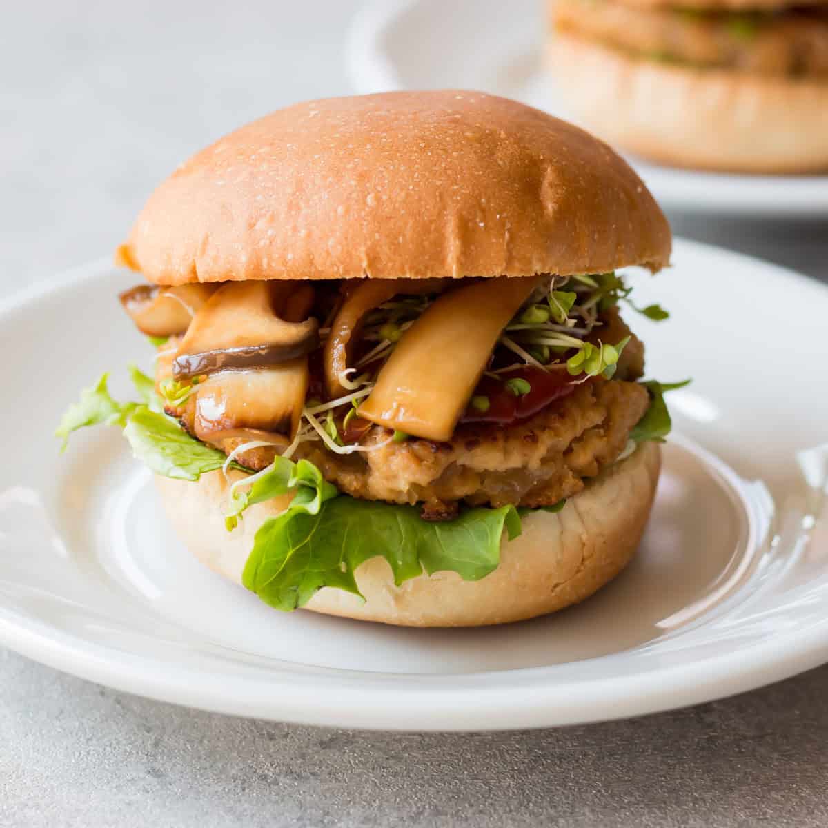 Vegan Soy Burger with Teriyaki Mushrooms