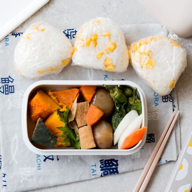 Corn onigiri bento.