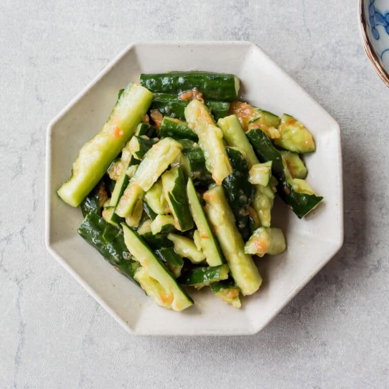 Umeboshi cucumber salad served on a plate.