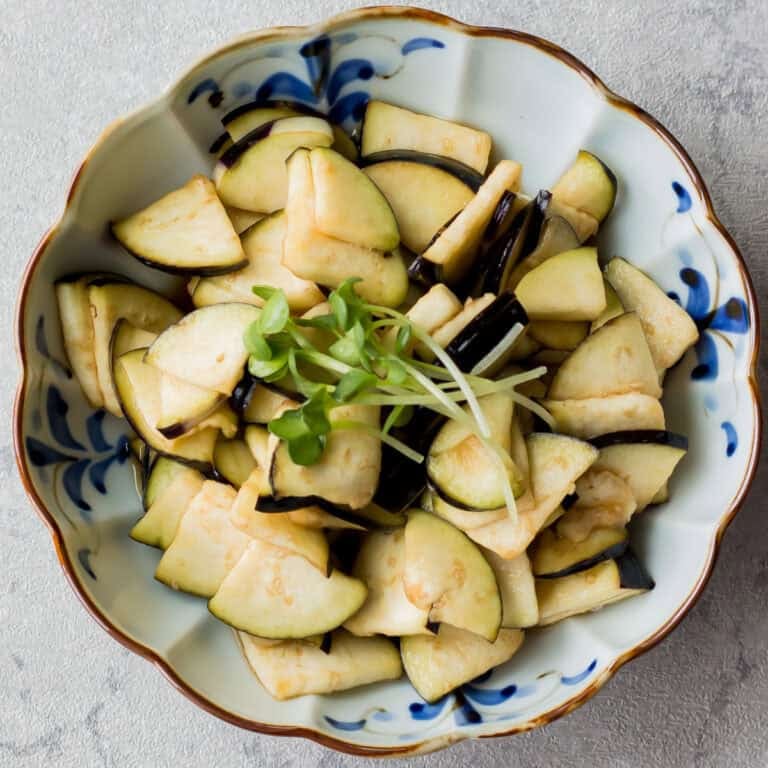 Eggplant salad served on a plate.