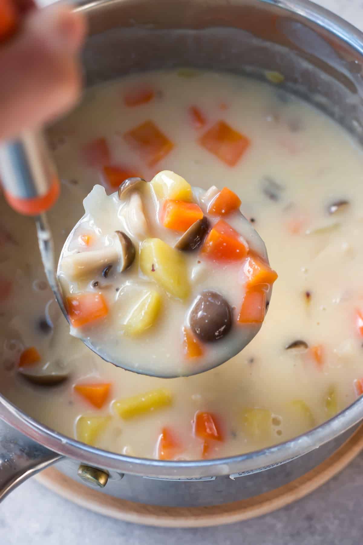 Sweet potato chowder in a saucepan.