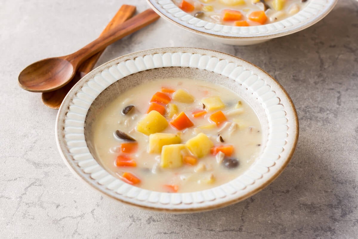 Sweet potato chowder served in a bowl.