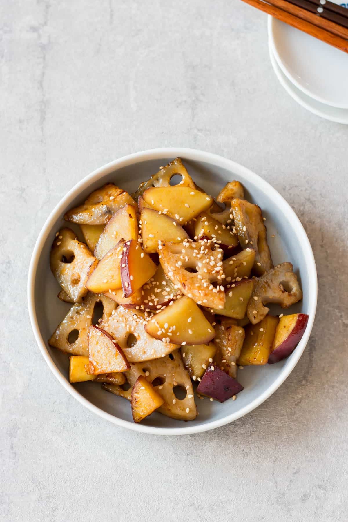 Sweet potato and lotus root with sweet sour sauce.