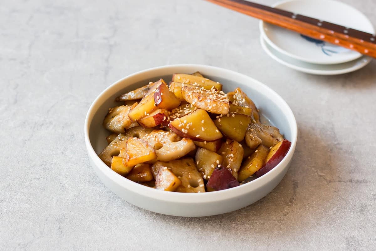 Sweet potato and lotus root with sweet sour sauce.