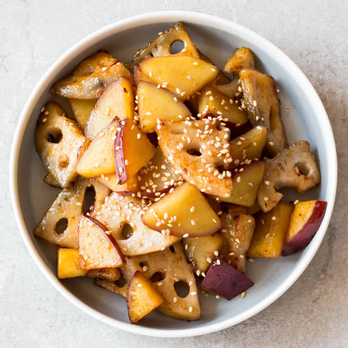 Sweet potato and lotus root with sweet sour sauce.