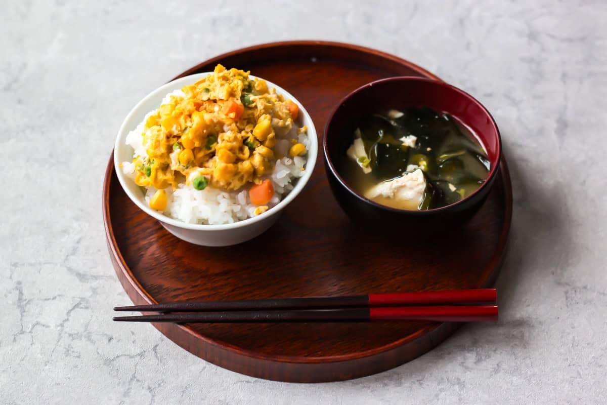 Japanese breakfast with egg scrambles.