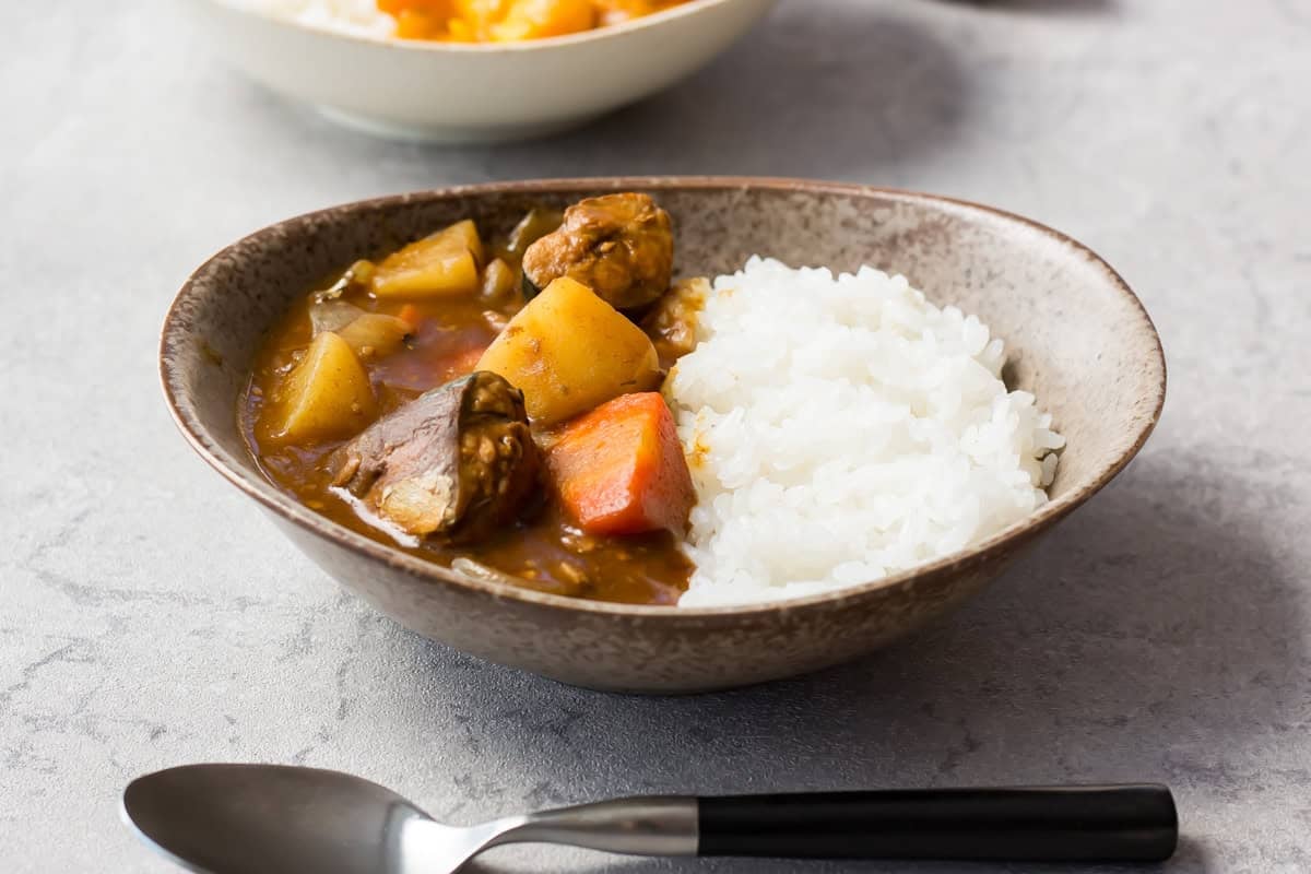 Japanese curry served over steamed rice.