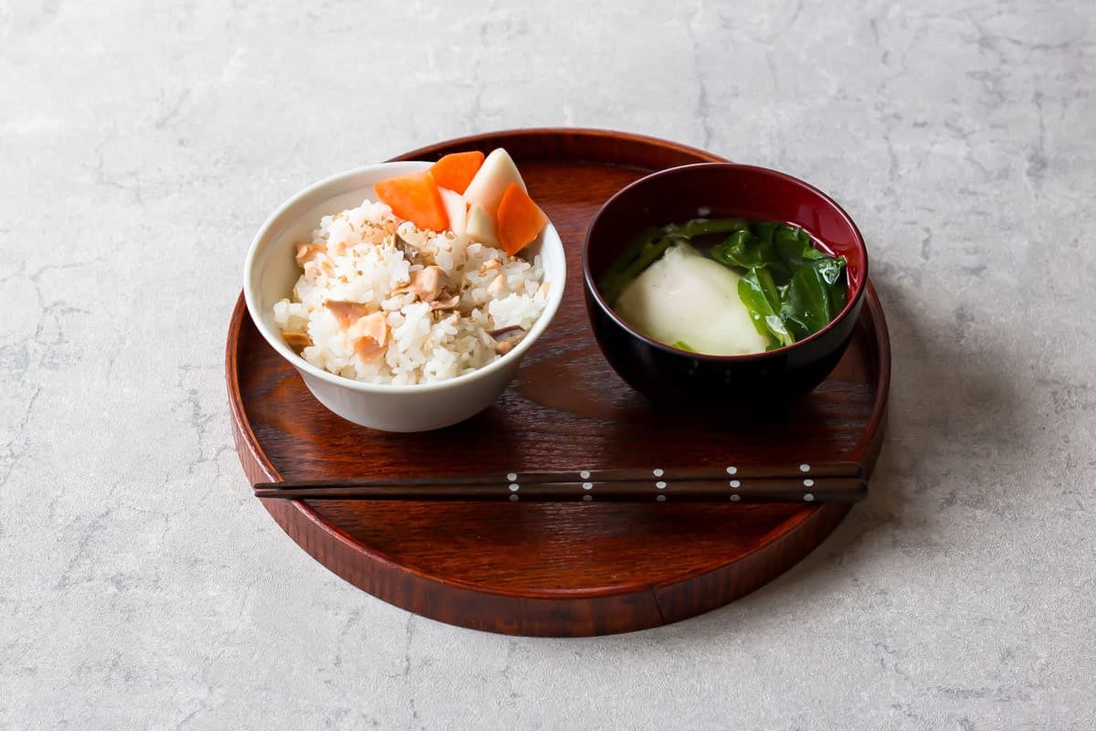 Breakfast with grilled salmon.