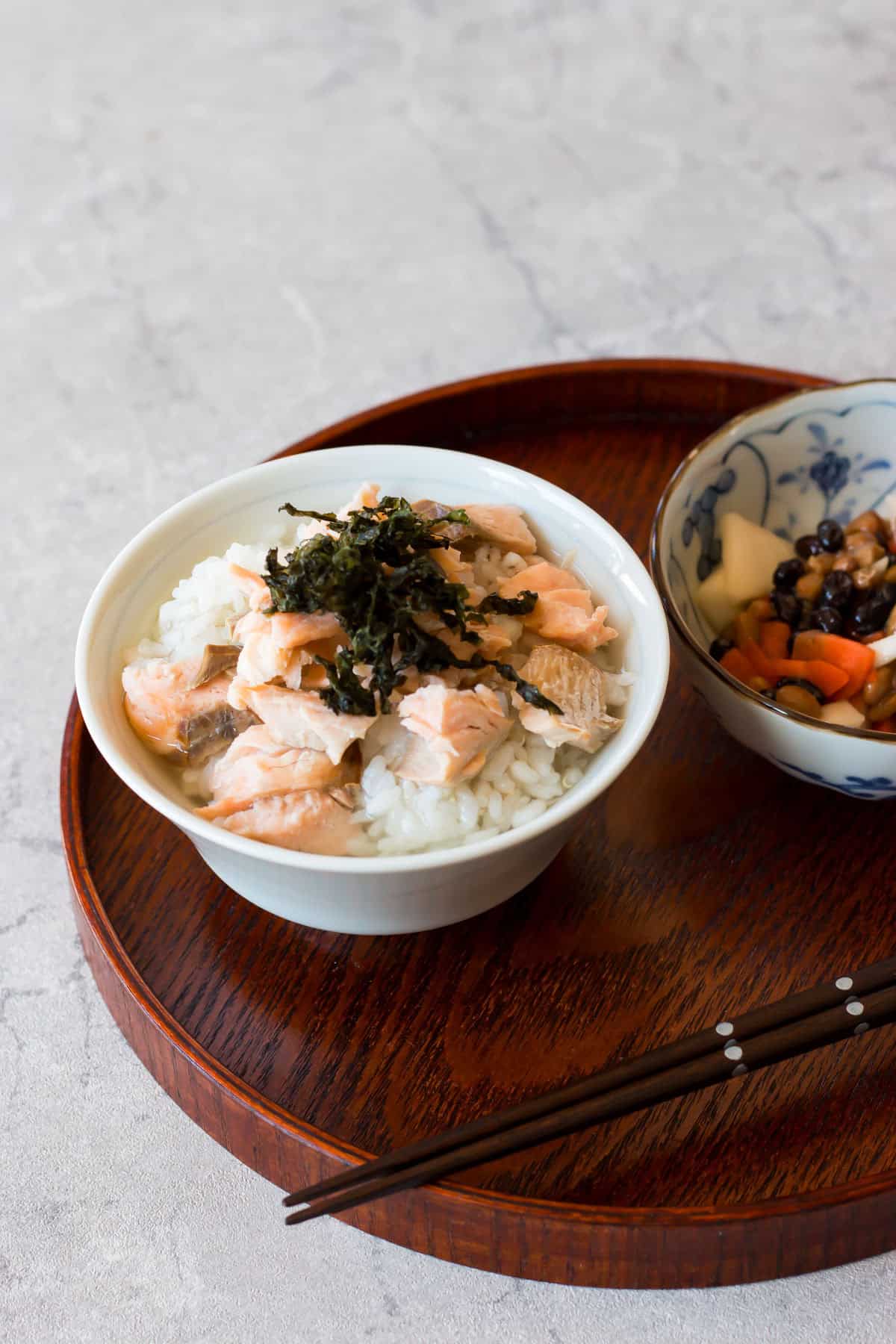 Breakfast with grilled salmon.