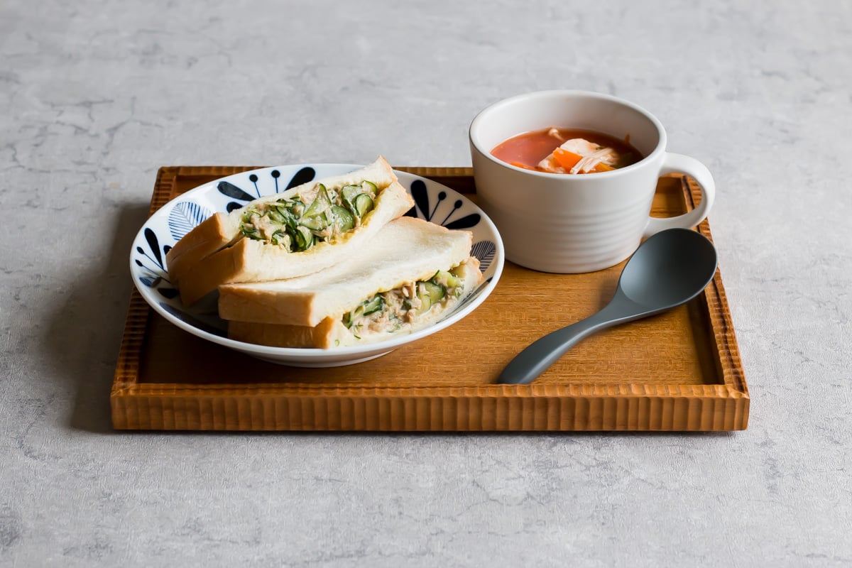 Cucumber tuna salad sandwich meal set.