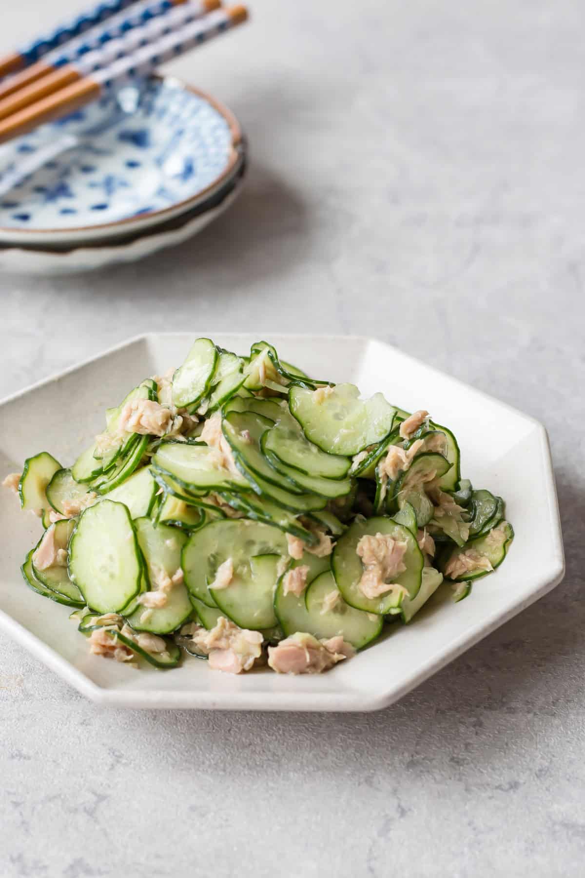 Cucumber tuna salad served on a plate.