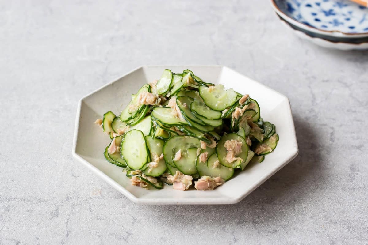 Cucumber tuna salad served on a plate.