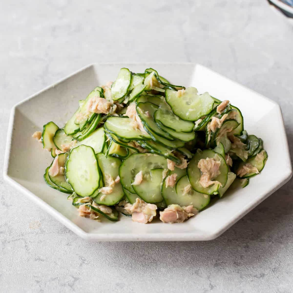 Cucumber tuna salad served on a plate.