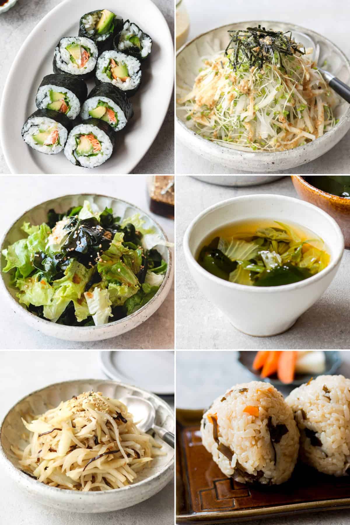 6 dishes with Japanese seaweeds.