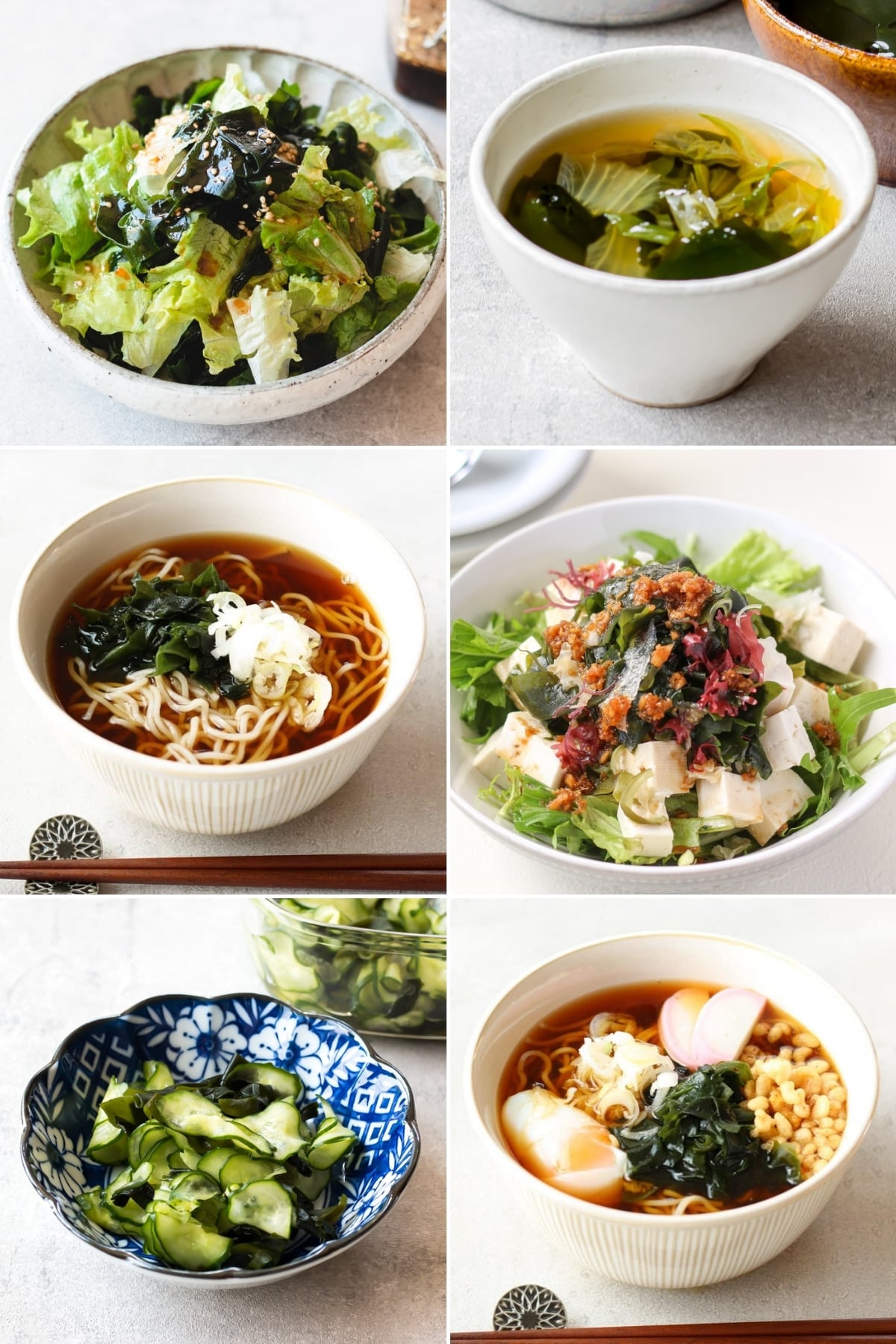 6 dishes with wakame seaweed.