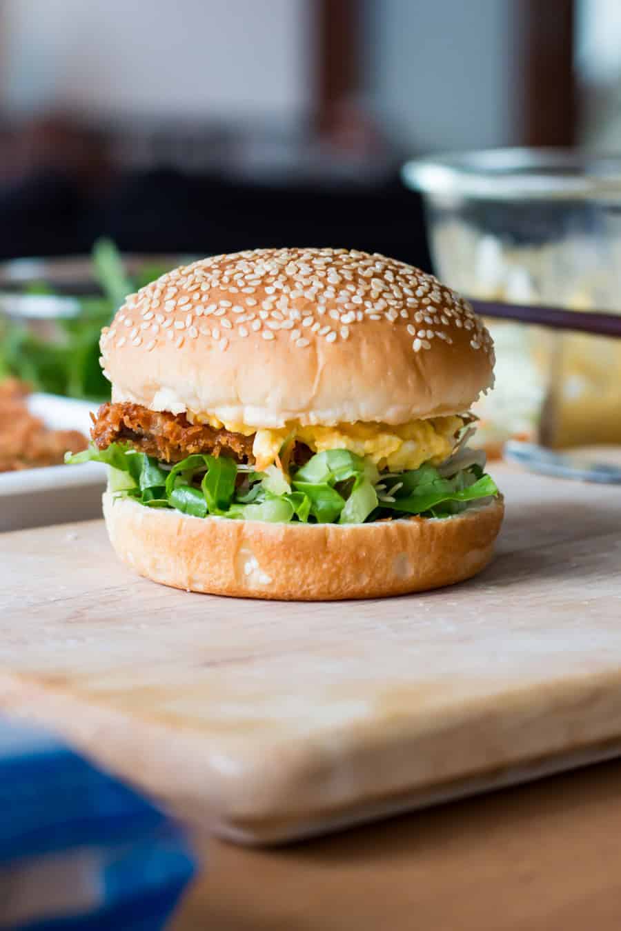 Fish burger served on a plate.