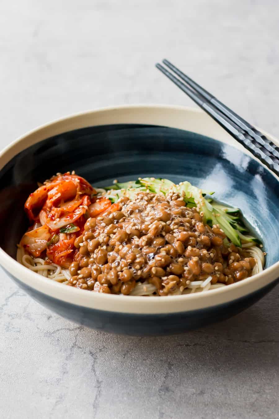 Kimchi natto somen served in a bowl.