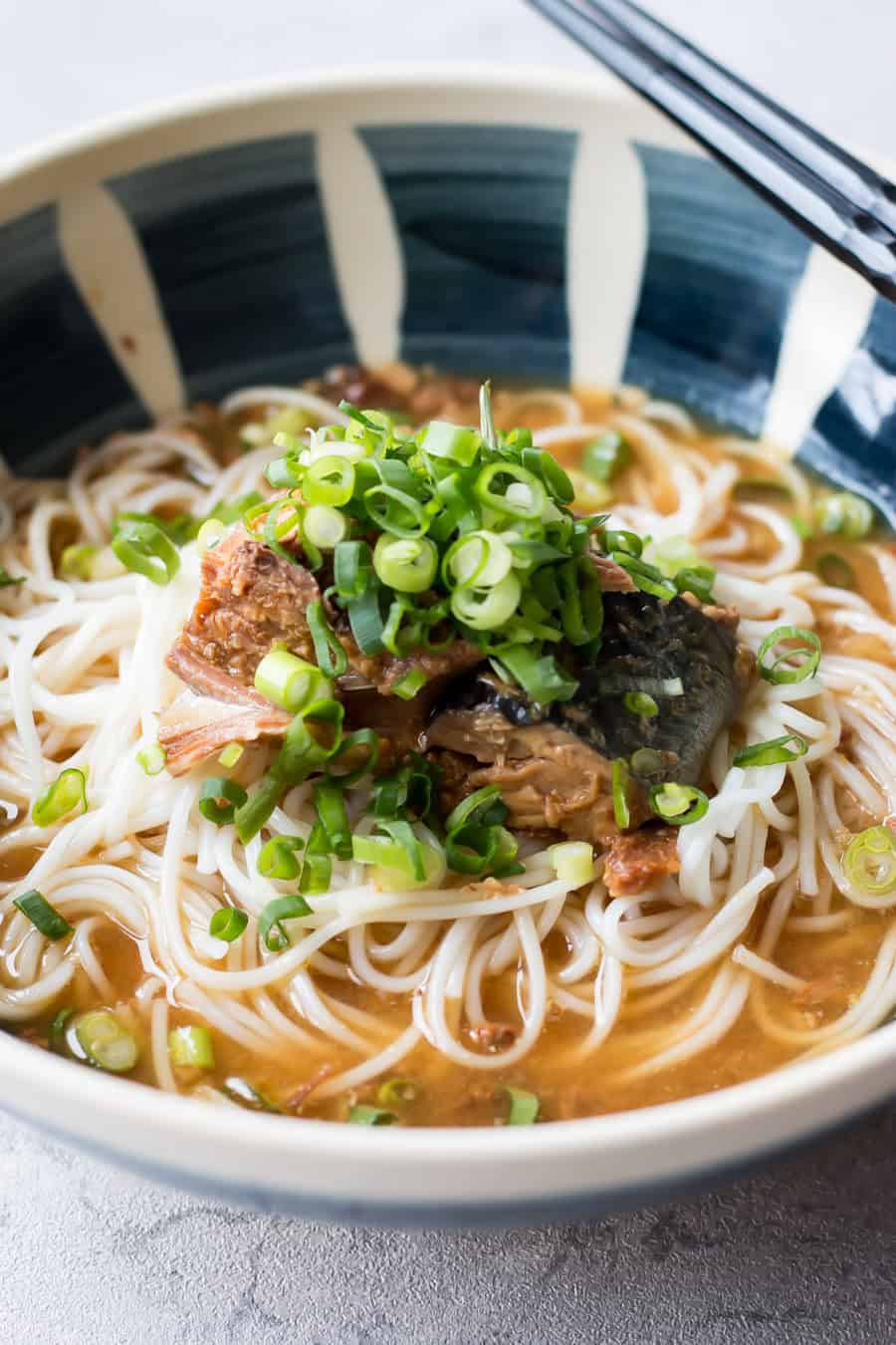 Cold somen noodles with miso mackerel served in a bowl.