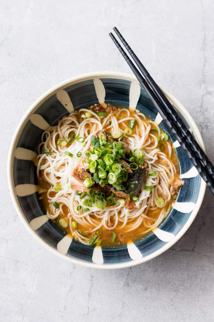 Cold somen noodles with miso mackerel served in a bowl.