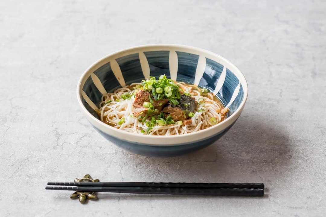 Cold somen noodles with miso mackerel served in a bowl.