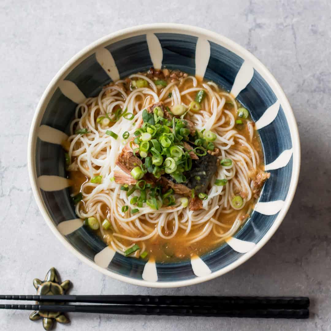 Cold somen noodles with miso mackerel served in a bowl.