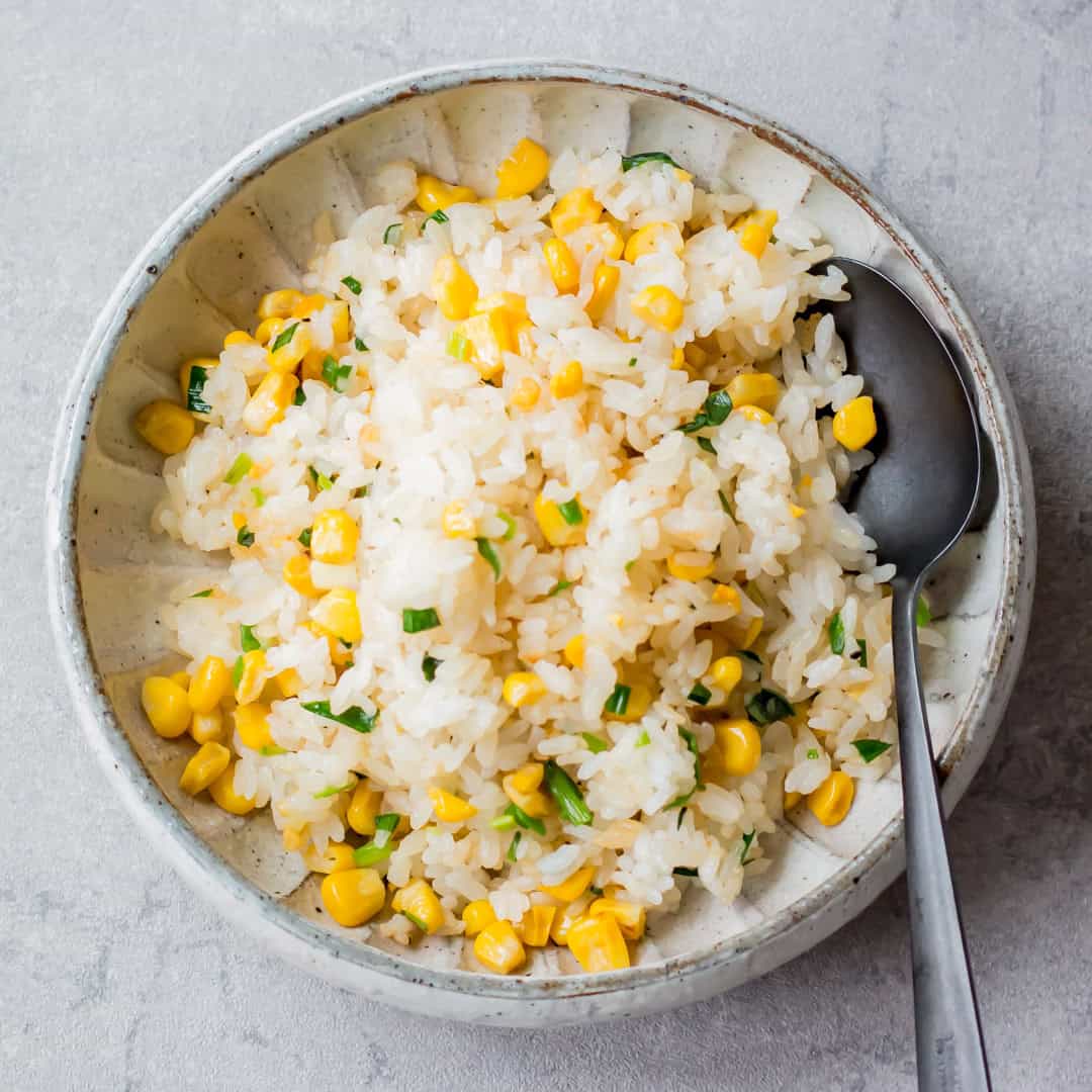 Corn fried rice served on a bowl.