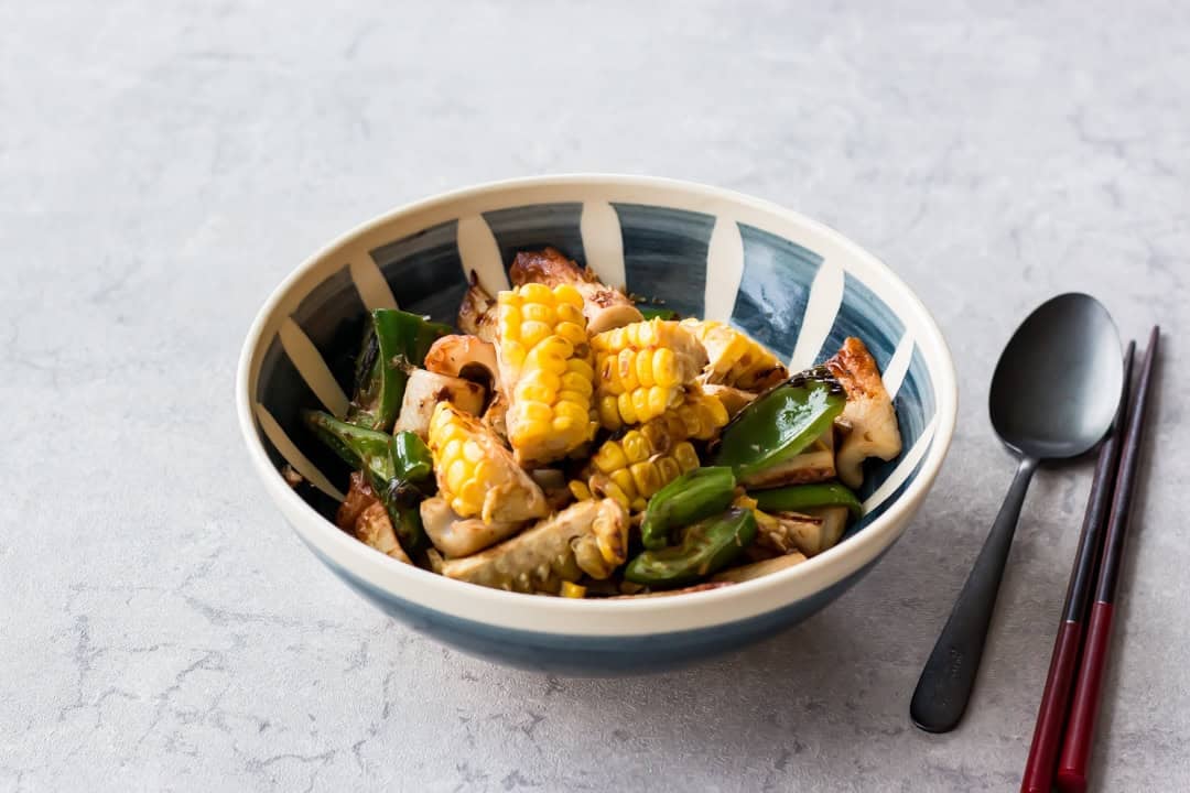 Corn stir-fry served on a bowl.