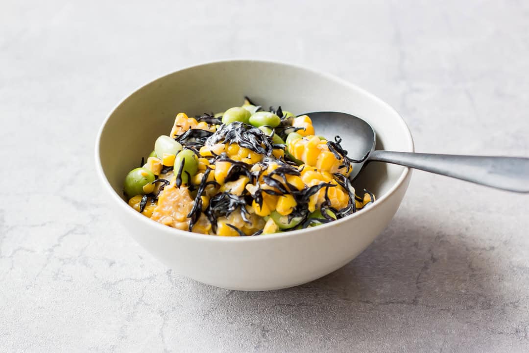 Edamame corn hijiki salad served in a bowl.