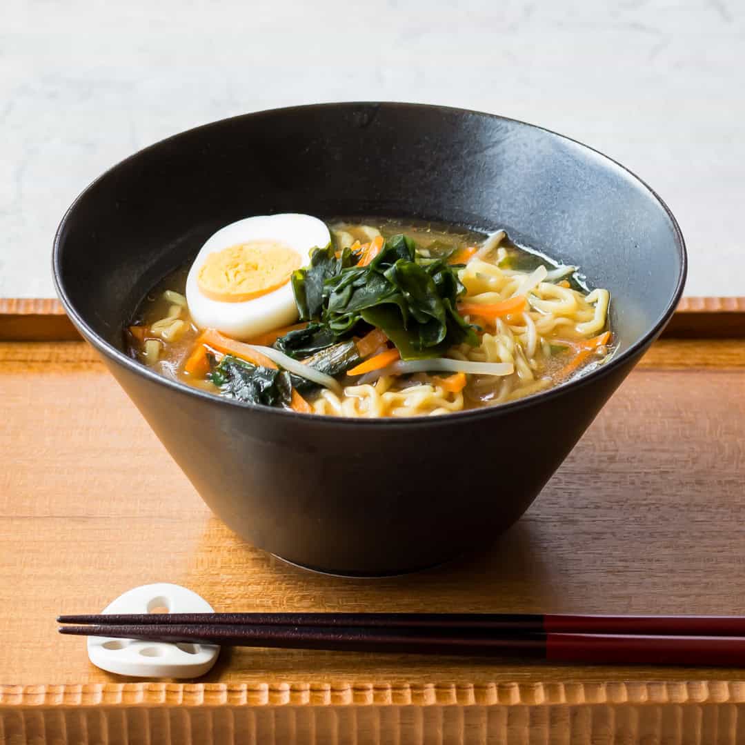 Miso ramen served in a bowl.