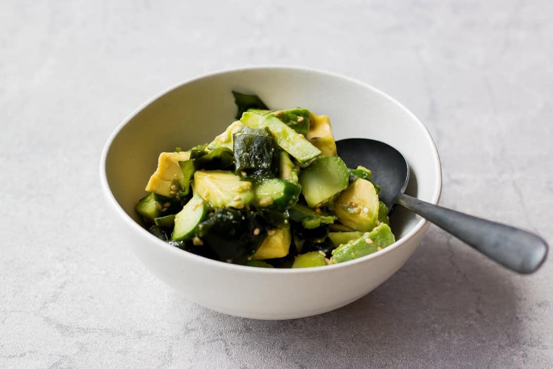 Wakame avocado salad served in a bowl.