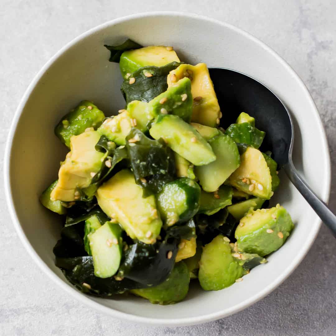 Wakame avocado salad served in a bowl.
