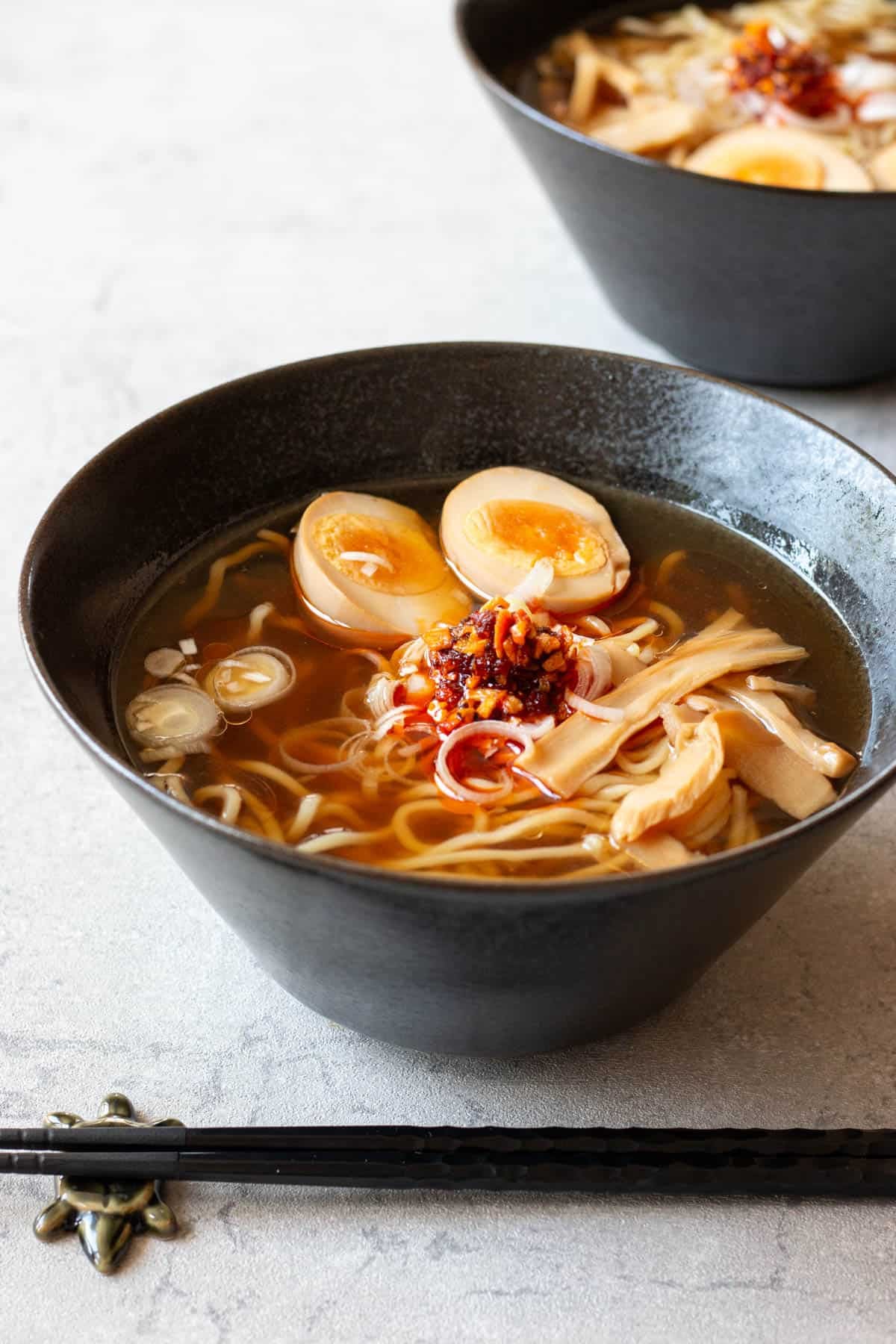 Shoyu ramen served in a bowl.