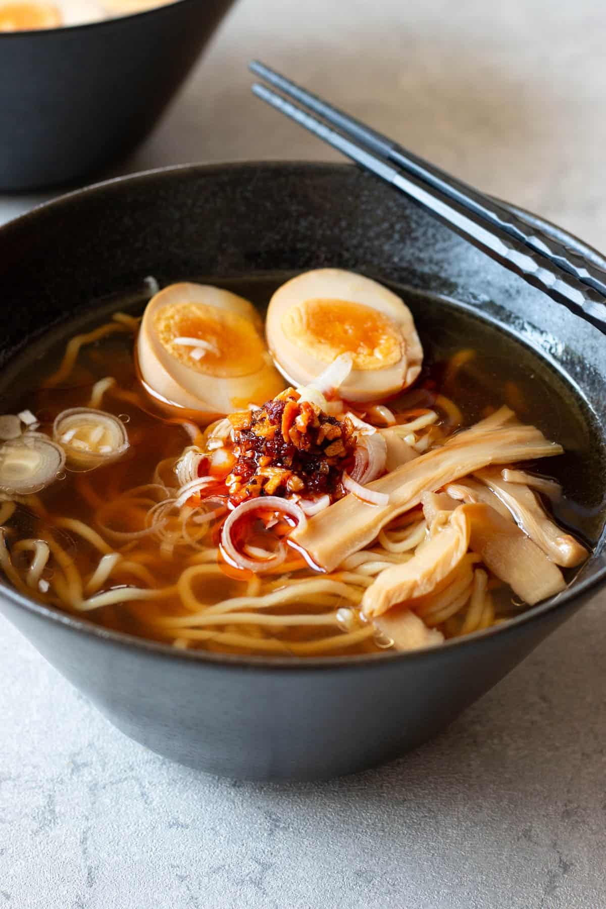 Shoyu ramen served in a bowl.