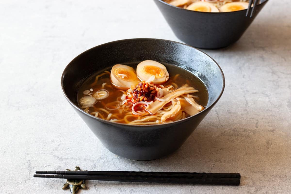 Shoyu ramen served in a bowl.