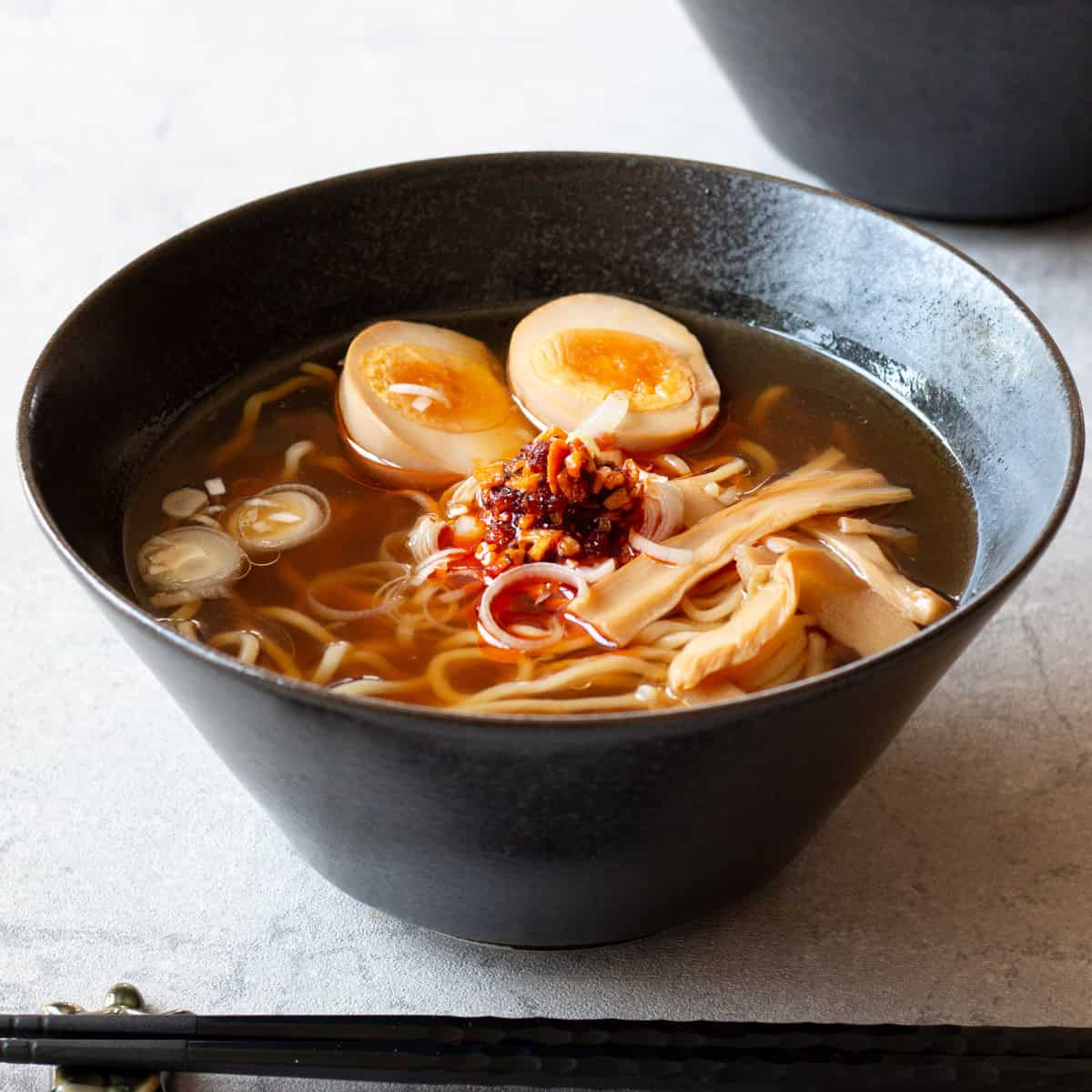 Shoyu ramen served in a bowl.